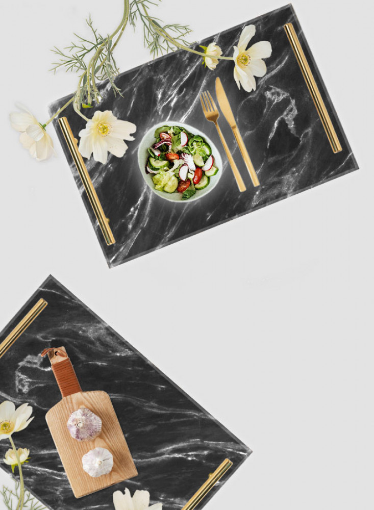 Serving tray made of acrylic, decorated with a marble design, with gold-tone metal handles