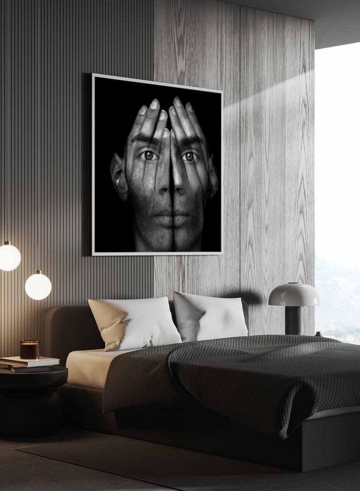 Canvas square painting on wooden frame, design of a man covering his face, for home, living room, office, decoration