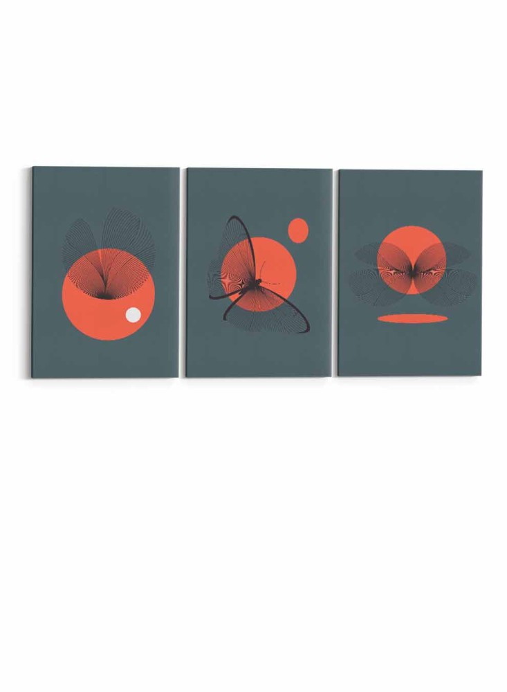 A set of 3 canvas panels on a wooden frame with a butterfly design and the sun
