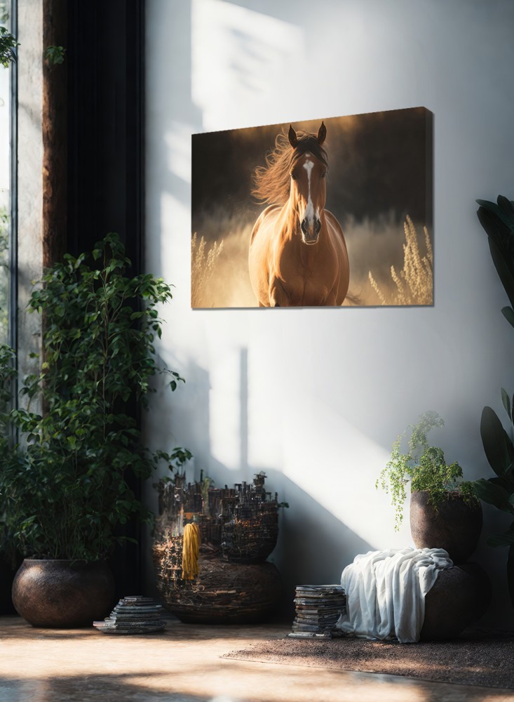 Canvas board on wooden frame with horse in the forest design