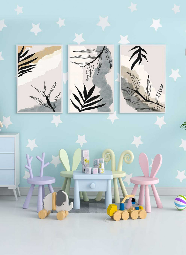 Set of 3 Canvas Paintings on Wooden Frame, Botanical Leaves Design, for Home, Living Room, Office, Decoration
