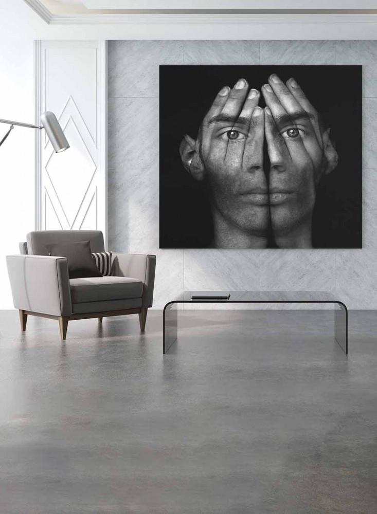 Canvas square painting on wooden frame, design of a man covering his face, for home, living room, office, decoration