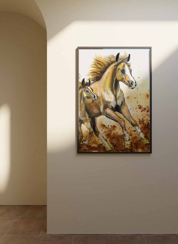 Canvas painting on a wooden frame, design of running horses, for home, living room, office, decoration