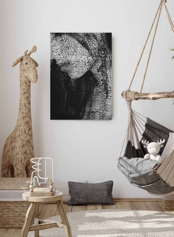 Canvas Painting on Wooden Frame, Girl Face Design with English Letters, for Home, Living Room, Office, Decoration