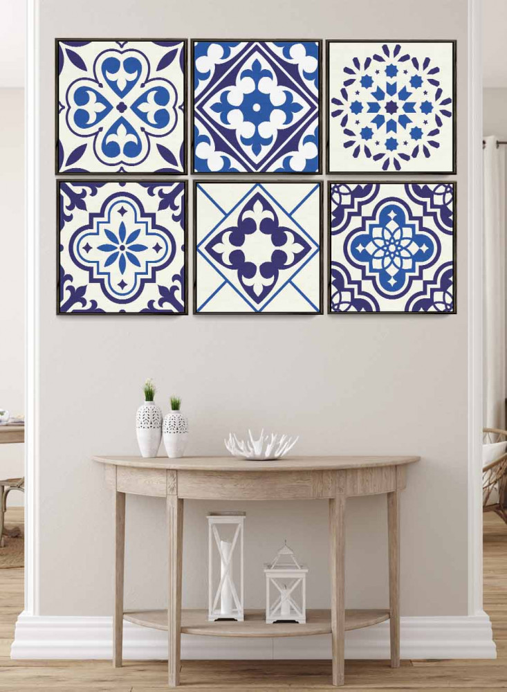 Set of 6 square canvas panels on a wooden frame, floral decorative patterns design, for home, living room, office, decoration