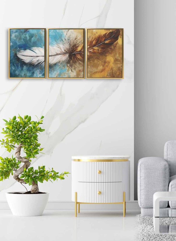 A set of 3 canvas panels on a wooden frame with an abstract art design of a colorful brush.