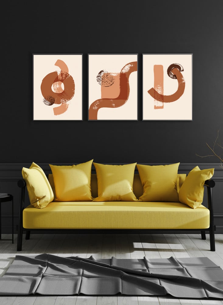 طقم من ٣ لوحات كانفاس على إطار خشبي، تصميم رسم تجريدي بالفرشاة، للمنزل، غرفة المعيشة، المكتب، الديكور