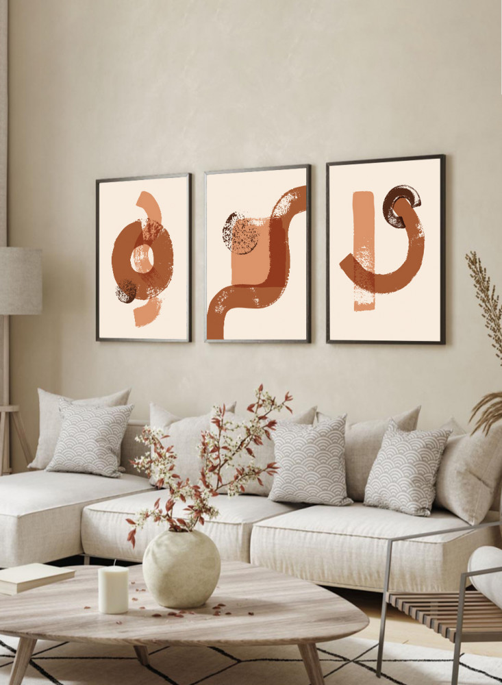 طقم من ٣ لوحات كانفاس على إطار خشبي، تصميم رسم تجريدي بالفرشاة، للمنزل، غرفة المعيشة، المكتب، الديكور