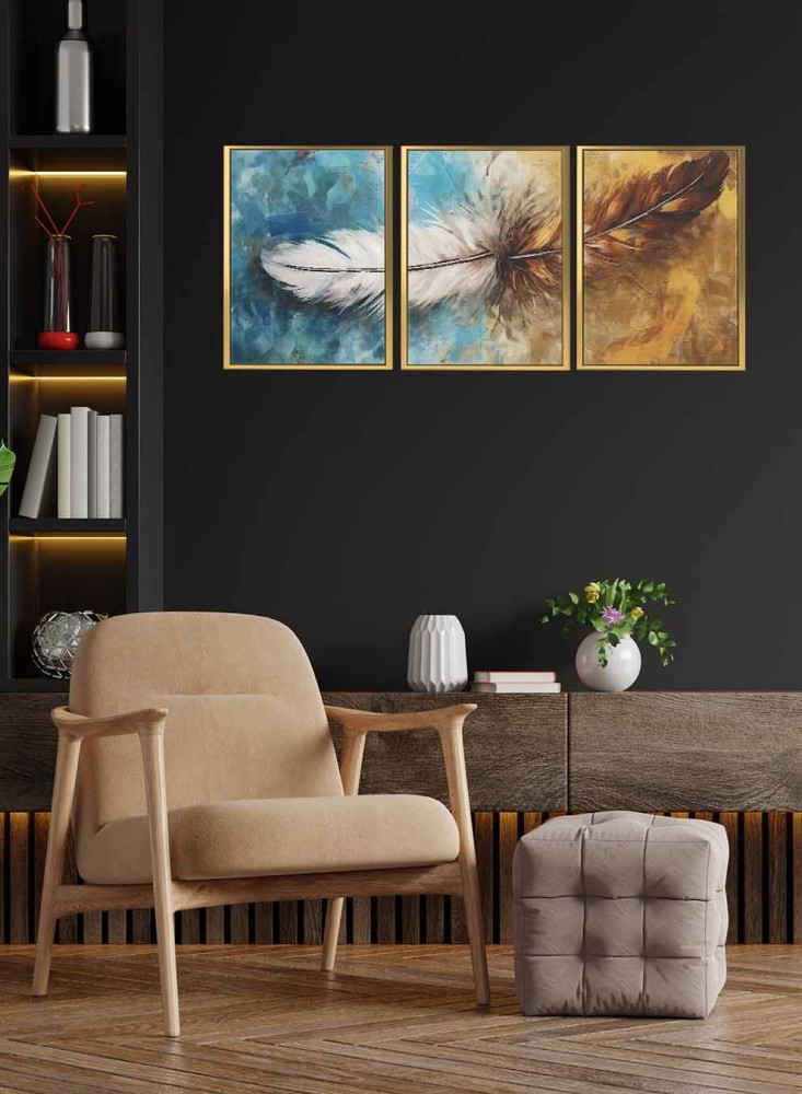 A set of 3 canvas panels on a wooden frame with an abstract art design of a colorful brush.
