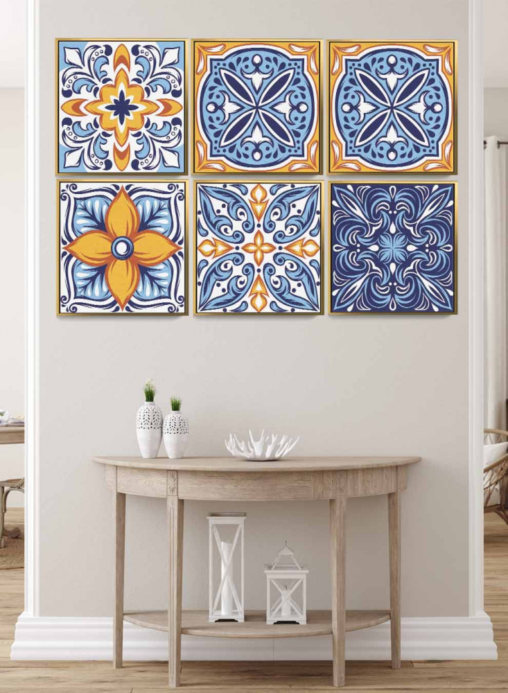 Set of 6 square canvas panels on a wooden frame, colorful Mexican pattern design, for home, living room, office, decor