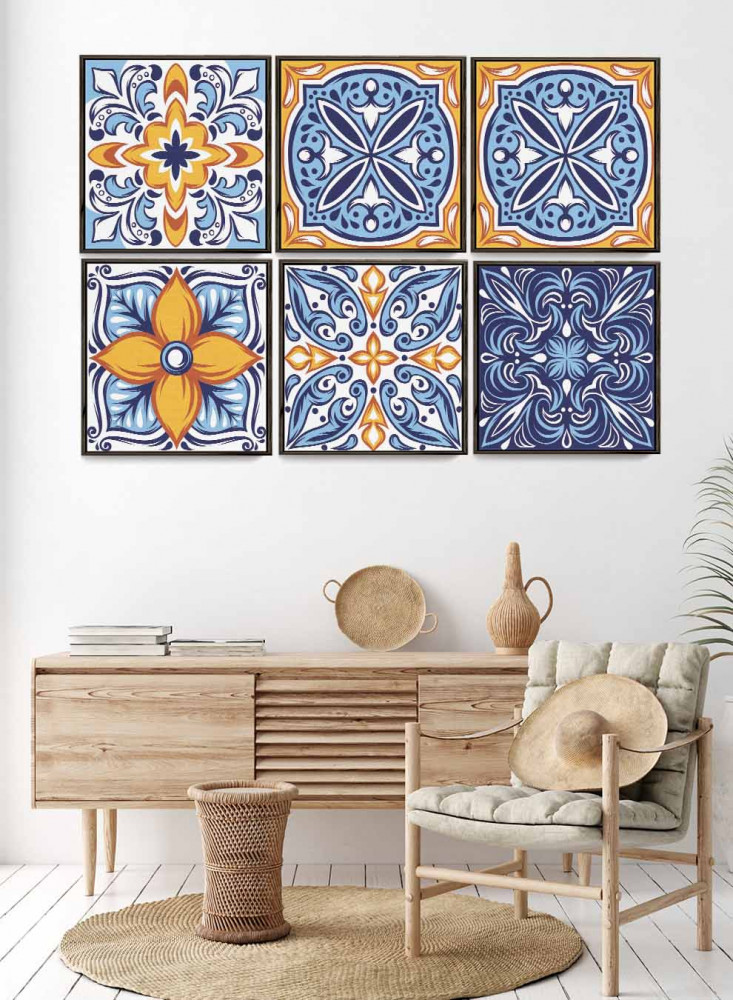 Set of 6 square canvas panels on a wooden frame, colorful Mexican pattern design, for home, living room, office, decor