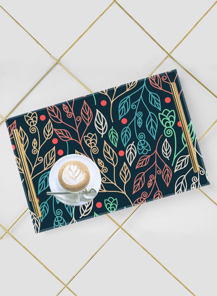 Serving tray made of acrylic with a decorative floral design and gold-tone metal handles