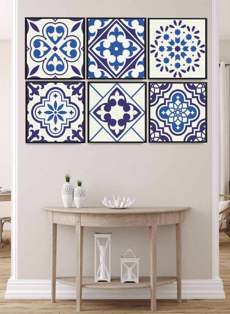 Set of 6 square canvas panels on a wooden frame, floral decorative patterns design, for home, living room, office, decoration