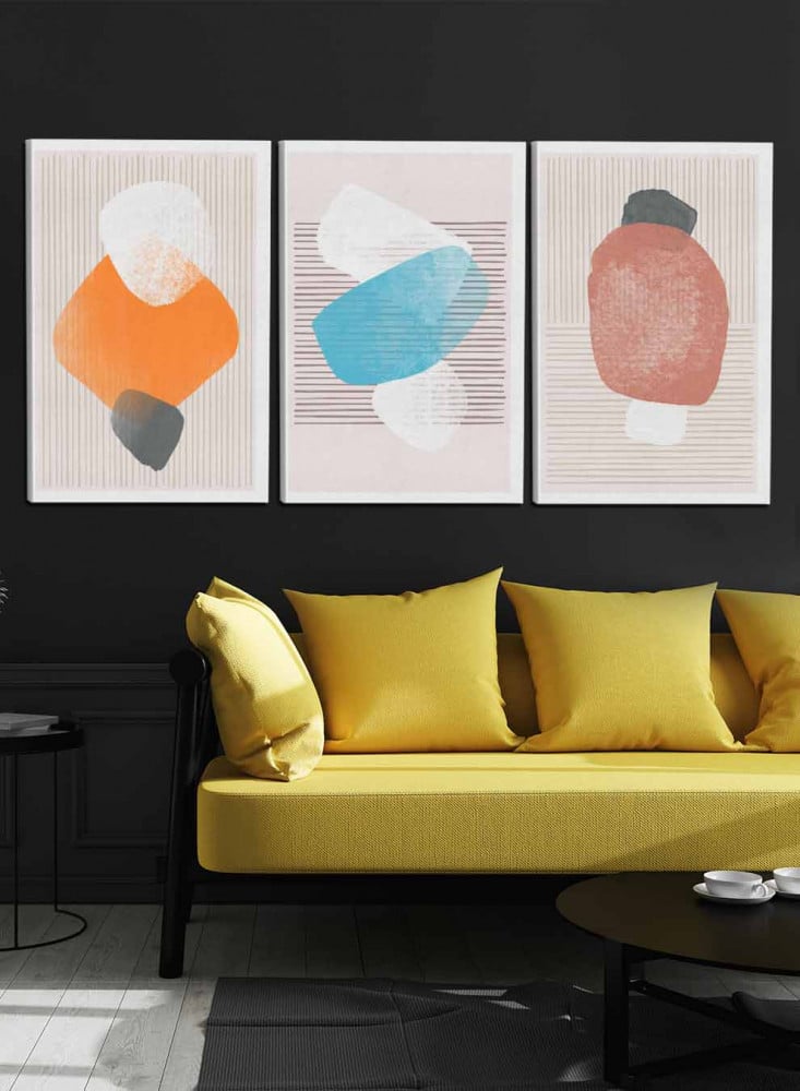 طقم من ٣ لوحات كانفاس على إطار خشبي، تصميم رسم تجريدي أشكال مرونة، للمنزل، غرفة المعيشة، المكتب، الديكور