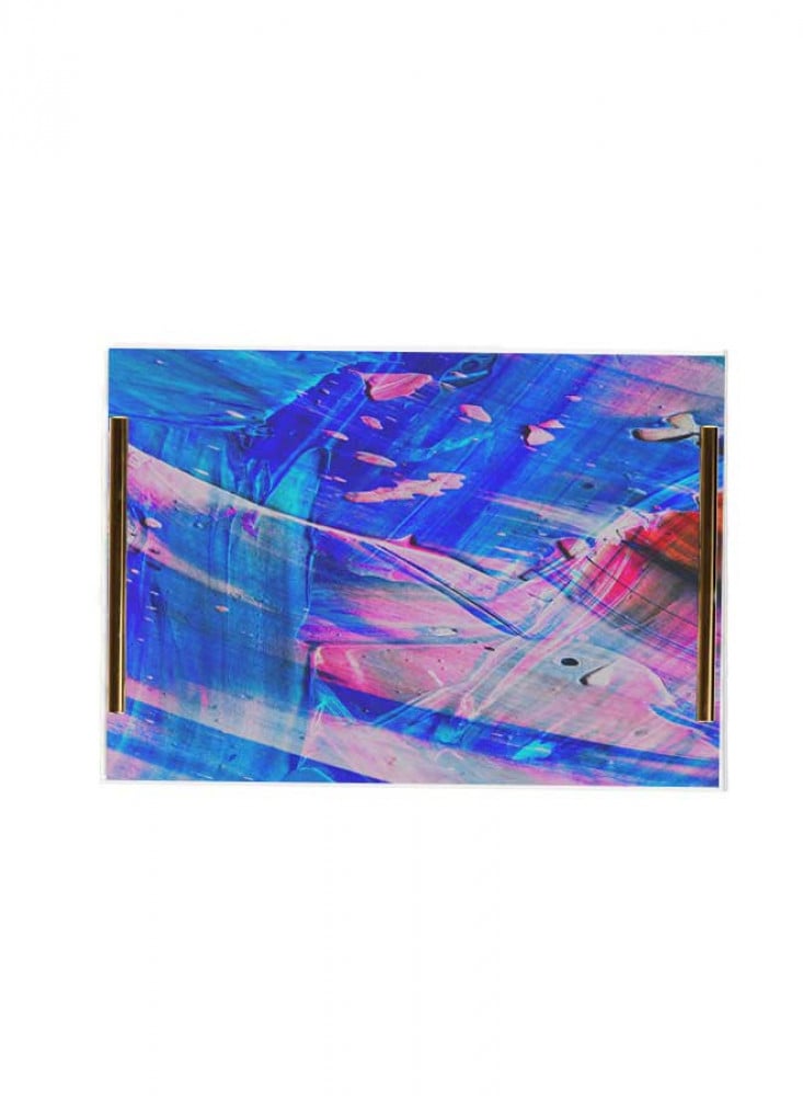 صينية تقديم مصنوعة من الأكريليك مزخرفة بتصميم رسم ألوان زاهية بمقابض معدنية ذهبية اللون