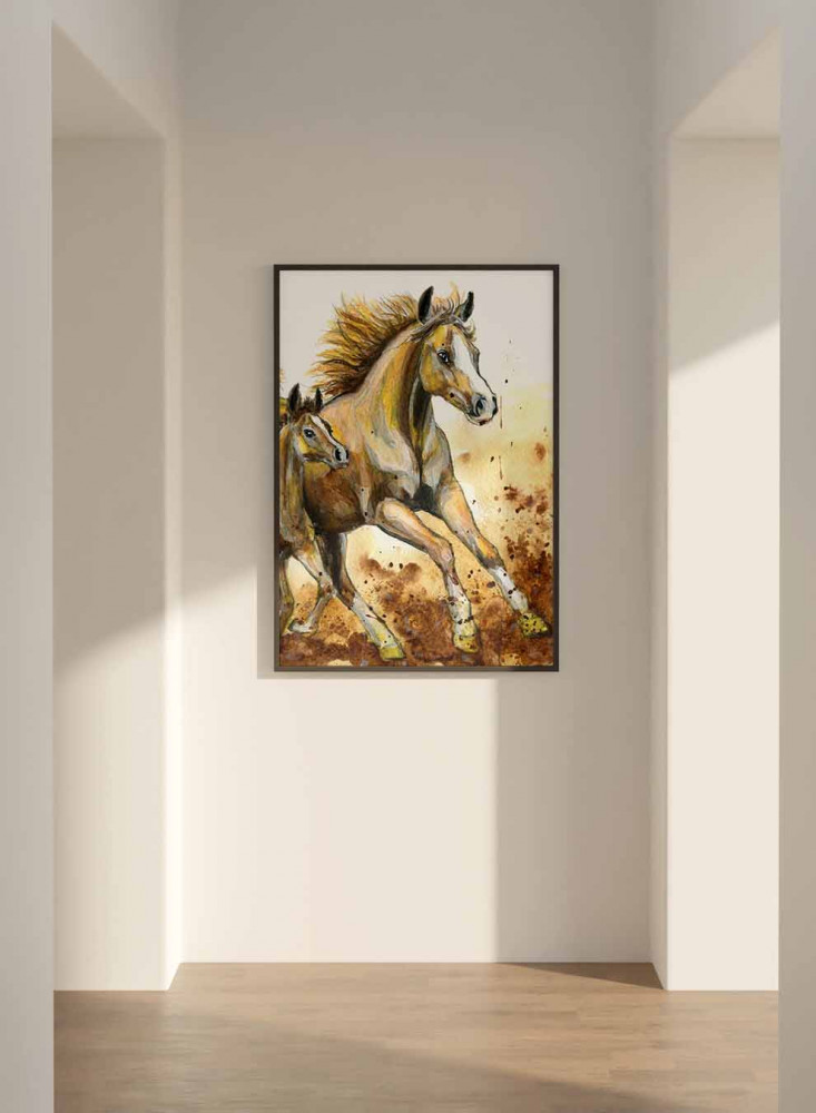 Canvas painting on a wooden frame, design of running horses, for home, living room, office, decoration