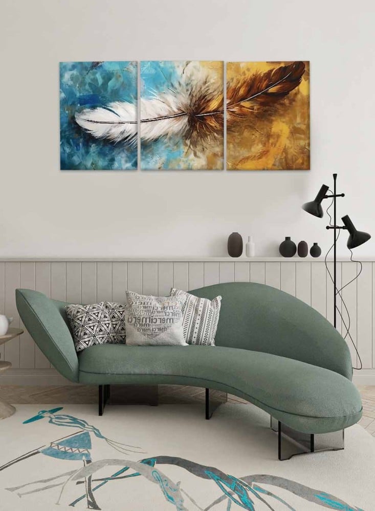 A set of 3 canvas panels on a wooden frame with an abstract art design of a colorful brush.
