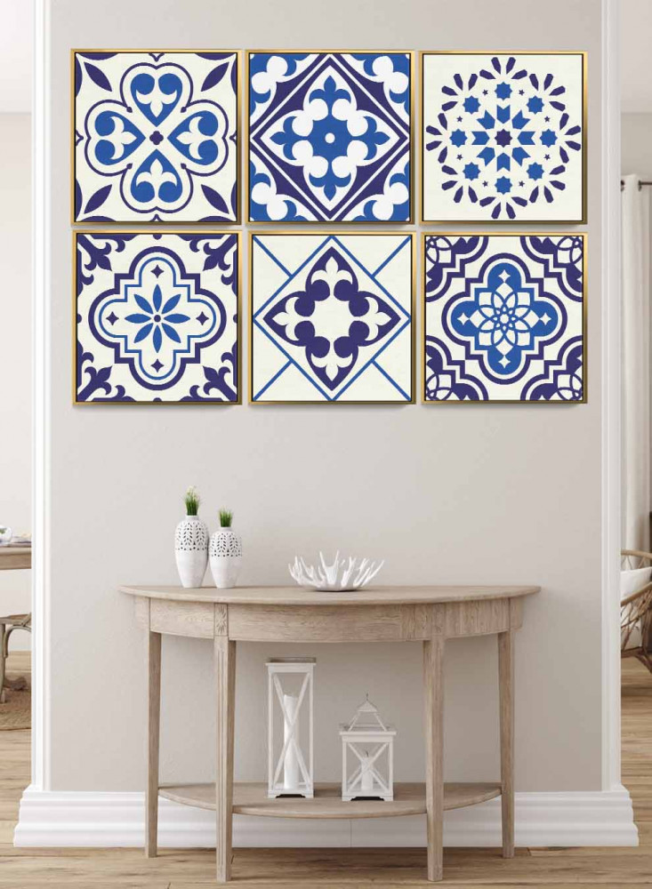 Set of 6 square canvas panels on a wooden frame, floral decorative patterns design, for home, living room, office, decoration