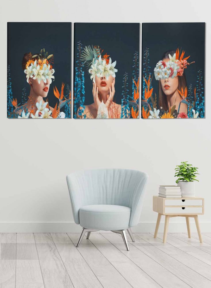 A set of 3 Canvas paintings on a wooden frame, a woman and flowers design, for home, living room, office, decoration
