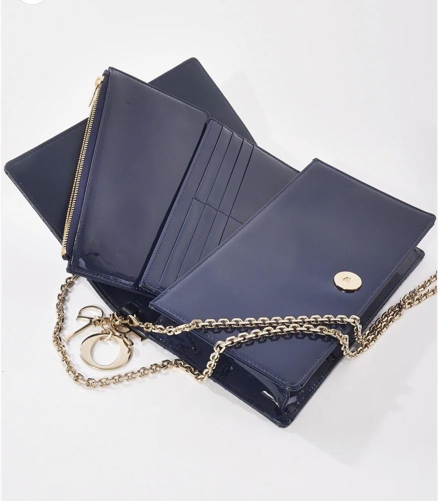 Lady Dior Pouch Steel blue patent Cannage leather