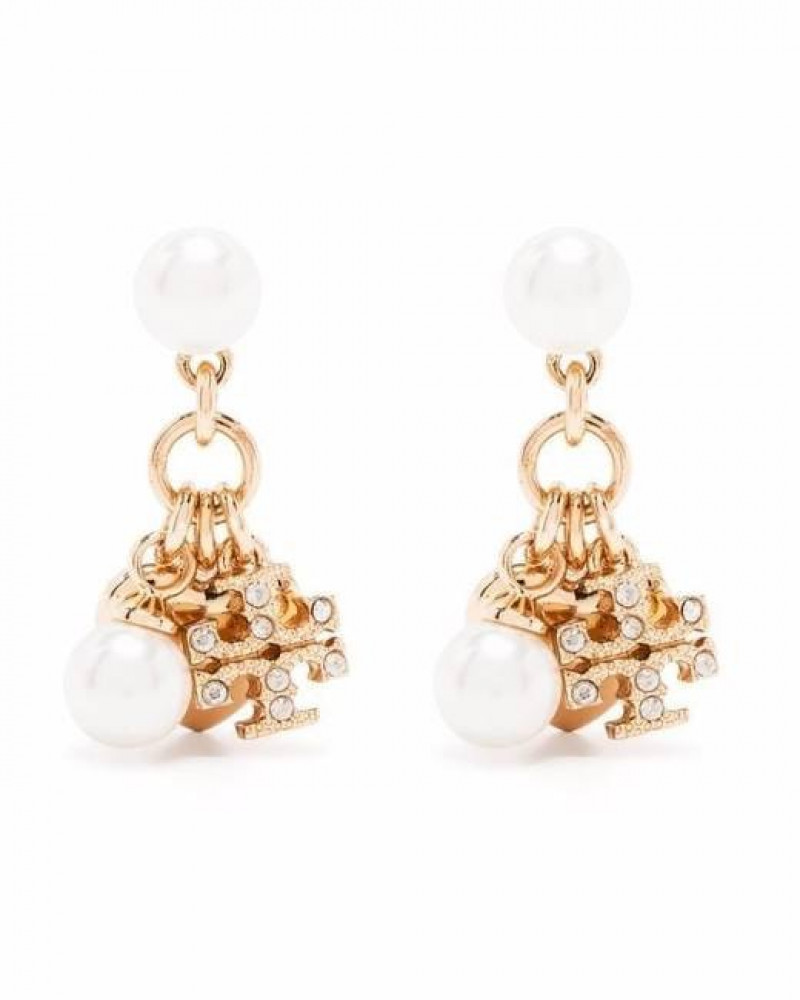 Tory Burch logo-charm pearl pendant earrings - Gold