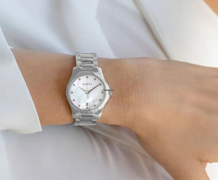 GUCCI G-Timeless 27MM SS 12-Diamond White Pearl Dial Watch