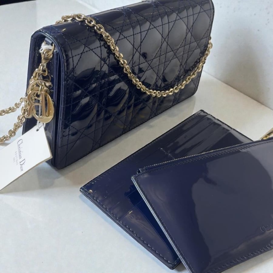 Lady Dior Pouch Steel blue patent Cannage leather
