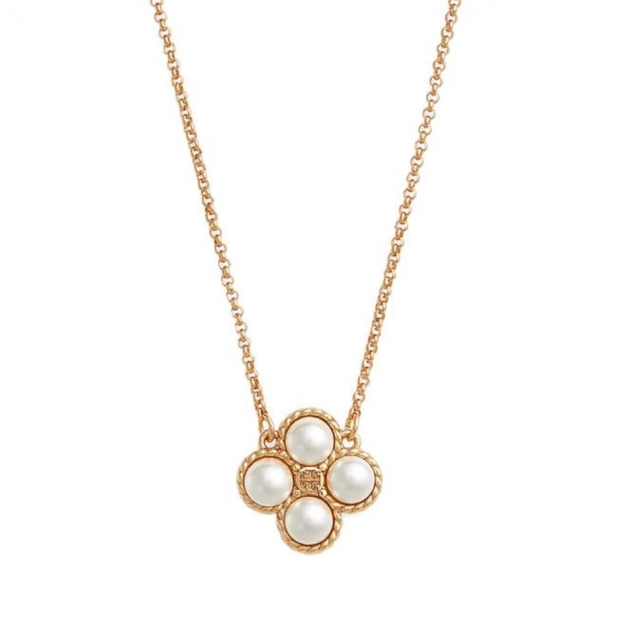 Tory Burch Gold Clover Rope Pearl Logo Necklace