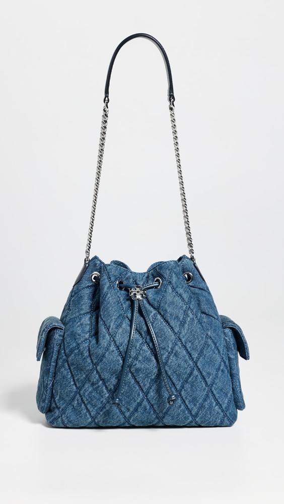 Tory Burch Charlie Quilted Denim Drawstring Shoulder Bag