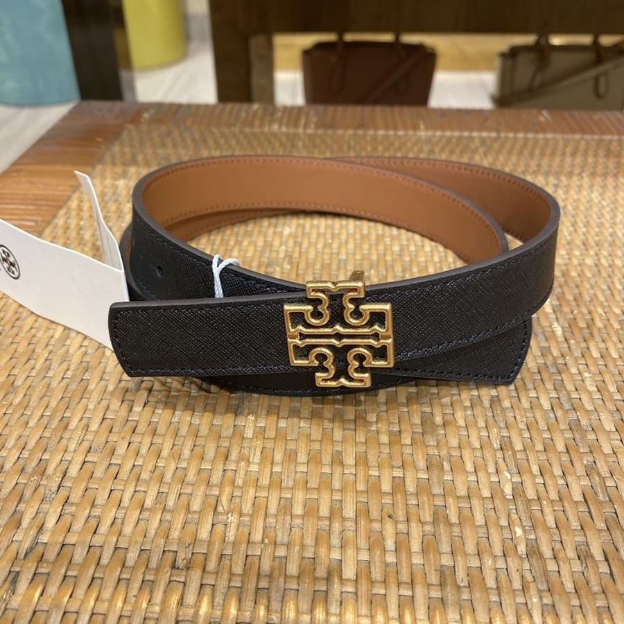 Tory Burch Pebbled Leather Double Face Belt Logo