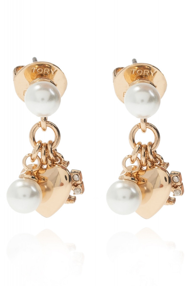 Tory Burch logo-charm pearl pendant earrings - Gold