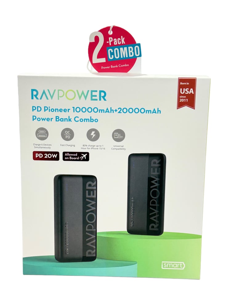 بطاريتين 10000 + 20000 مللي أمبير 3 منافذ RAVPower  PD 20w