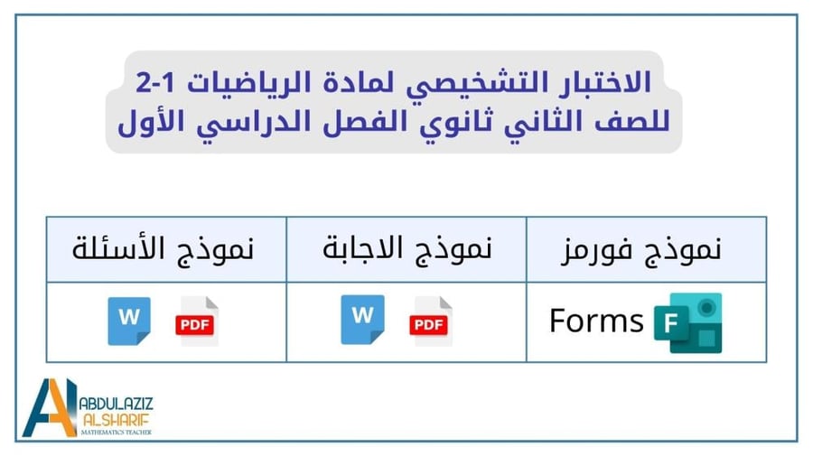 الاختبار التشخيصي لمادة الرياضيات 1-2 للصف الثاني ثانوي الفصل الدراسي الأول