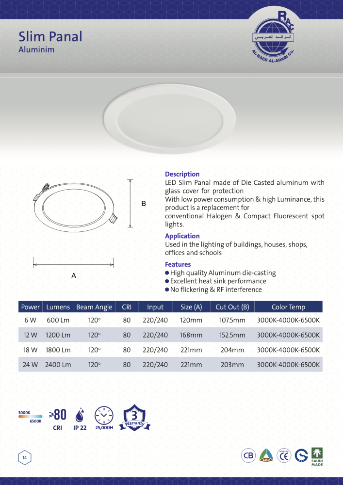 60x60 LED مخفي رفيع 24w شمسي دائري