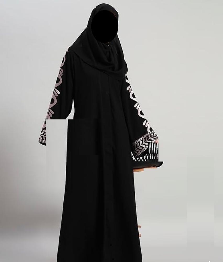 Plain crepe abaya with embroidered sleeves