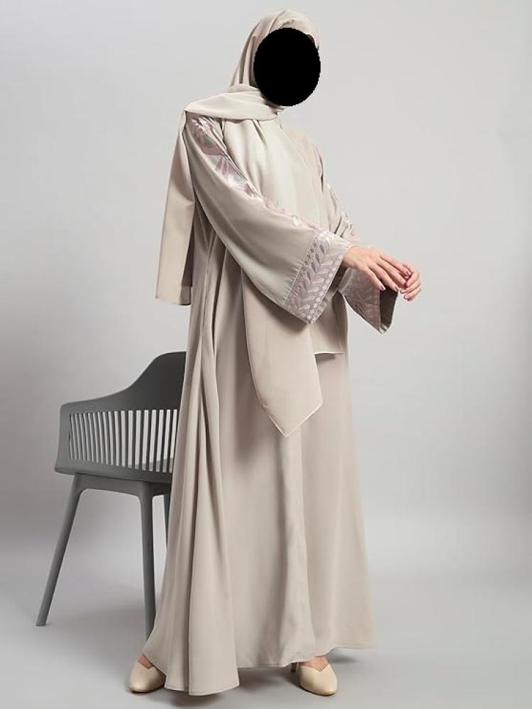 Plain crepe abaya with embroidered sleeves
