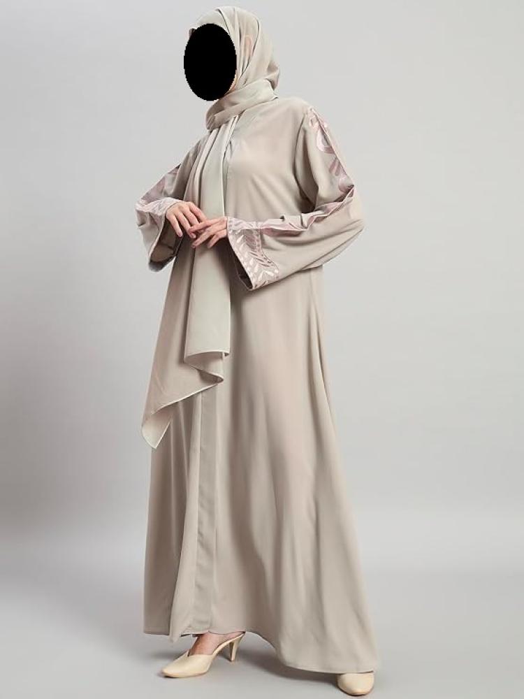 Plain crepe abaya with embroidered sleeves