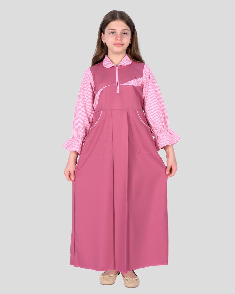 مريول أبتدائي وردي مع ياقة بتصميم الكاروهات
