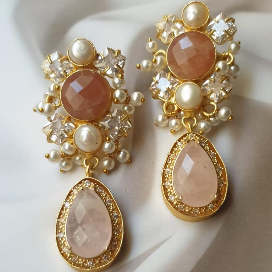 Gold-plated ear ring decorated with natural stones and zircon handmade
