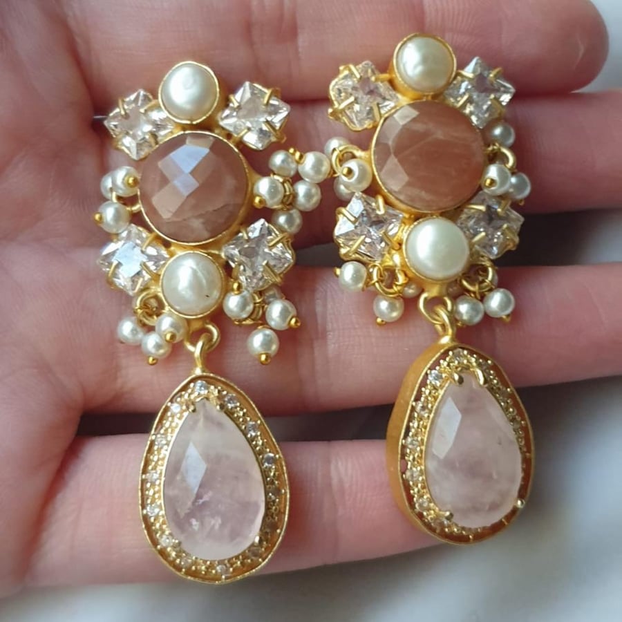 Gold-plated ear ring decorated with natural stones and zircon handmade