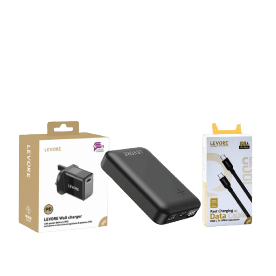 عرض ليفوري شاحن جداري منفذ تايب سي 20 واط + بطارية متنقلة بسعة 10000mAh + كيبل تايب سي الى تايب 60 واط
