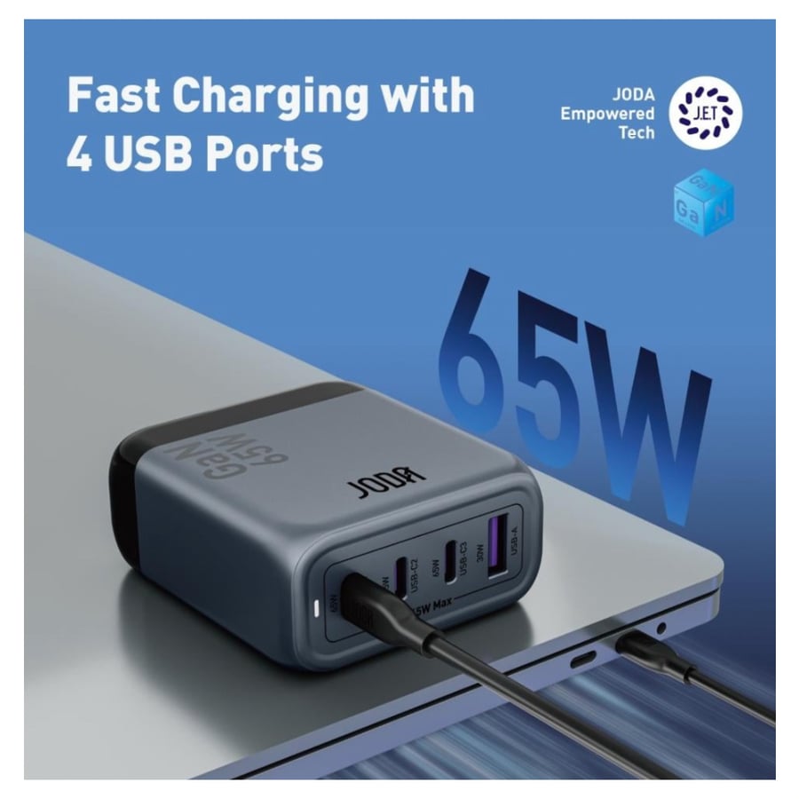 Jooda Voltix charging platform with 65-watt power, three Type-C ports, and one USB port