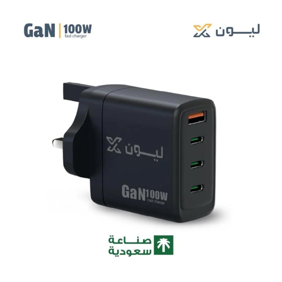 شاحن جداري ليون اكس بقوة 100 واط 3 منافذ تايب سي ومنفذ يو اس بي - اسود