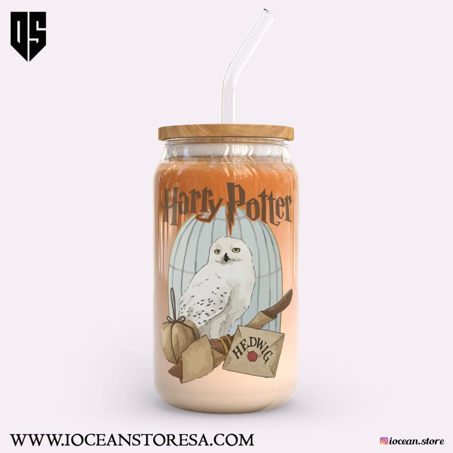 كوب زجاجي بغطاء خشبي و مزاز زجاجي هاري بوتر  - harry potter