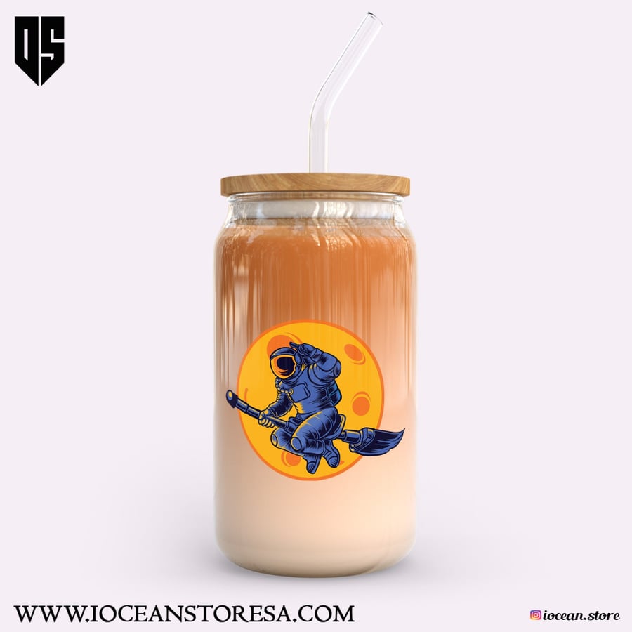 Glass cup with wooden lid and glass straw