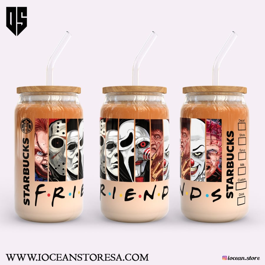 Glass cup with wooden lid and glass straw, scary characters