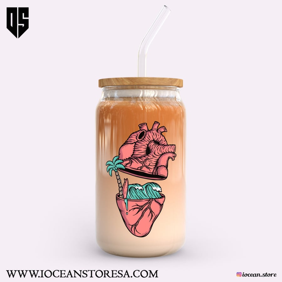 Glass cup with wooden lid and glass straw