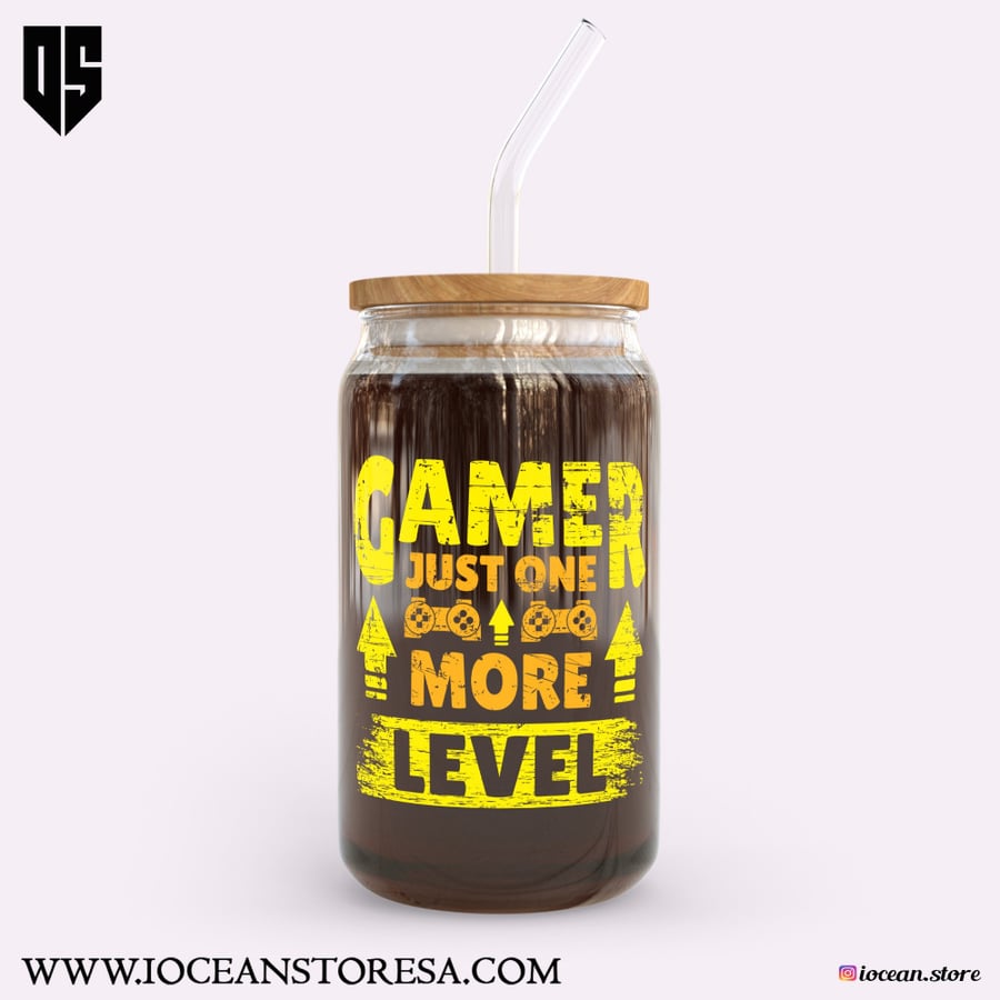 Glass cup with wooden lid and glass straw