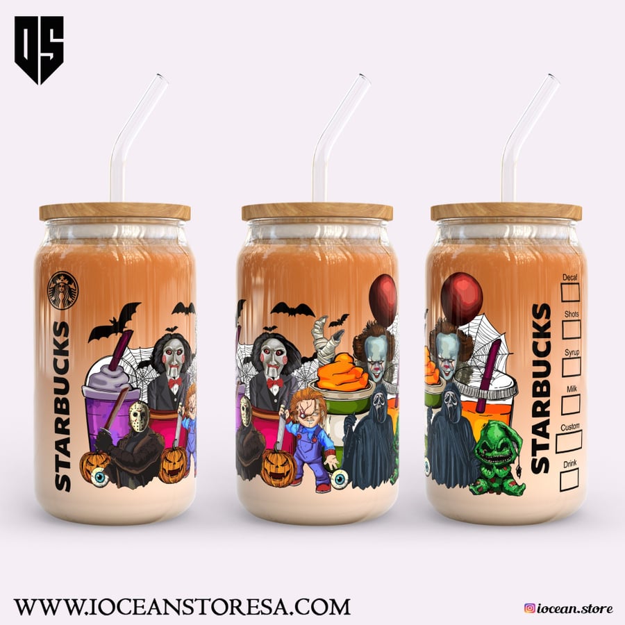 Glass cup with wooden lid and glass straw, scary characters