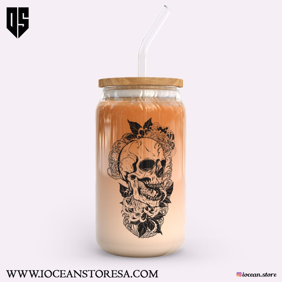 Glass cup with wooden lid and glass straw